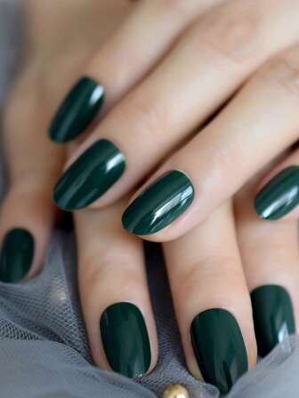 24片装短椭圆形纯绿色亮面可重复使用按压式假指甲，含工具套装