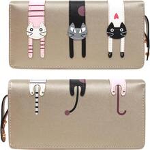 Mini Faux Leather Bifold Cute 3 Cat Zipper Clutch Wallet Handbag for Women Girls - Dorado (oro largo) - Ver 6
