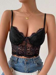 Vexica Women's Casual Black Lace Camisole, Sheer Knit Fabric, Thin Spaghetti Straps - Black - View 11