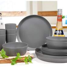 Juego de vajilla de paja de trigo 24 piezas platos y cuencos de color gris oscuro platos de cena irrompibles plato de plástico reutilizable apto para microondas y lavaplatos para camping picnic - Grisoscuro - Ver 4