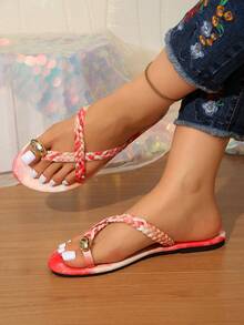 1 Pair Brown Woven Strap Criss-Cross Sandals, Versatile Metal Buckle Decor Slides, Ombre Thong Flat Slippers, Tie-Dye Flat Outdoor Comfortable Flip Flops, Elegant Party Preppy School Holiday Fashion Basic Chic Cute Party Casual PU Leather Criss-Cross Flat Sandals For Beach, Festival, School, Office, Home, Outdoor, Spring/Summer/Autumn - Red - View 5