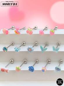 Morlyda 5件套可爱粉色舌钉，14G不锈钢粉色樱桃草莓舌钉，玫瑰花舌钉，星星爱心舌钉，蝴蝶舌钉，适合作为情人节、圣诞节礼物送给女性和女孩，适合派对、度假、日常佩戴、夏季旅行、婚礼、生日、日常搭配、送给朋友的贴心礼物、日常聚会、夜生活社交聚会。 - 粉色 - 查看 2