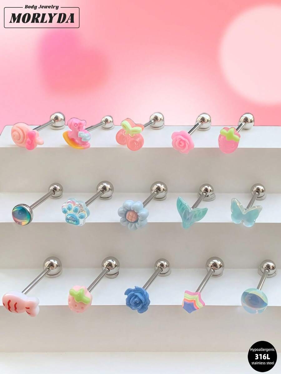 Morlyda 5件套可爱粉色舌钉，14G不锈钢粉色樱桃草莓舌钉，玫瑰花舌钉，星星爱心舌钉，蝴蝶舌钉，适合作为情人节、圣诞节礼物送给女性和女孩，适合派对、度假、日常佩戴、夏季旅行、婚礼、生日、日常搭配、送给朋友的贴心礼物、日常聚会、夜生活社交聚会。