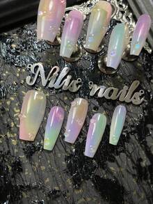 10片棺材形亚克力美甲贴套装，紫色、绿色、黄色三色，紫色、蓝色、黄色、绿色扎染设计，3D水滴手绘图案，Y2K风格美甲贴套装，适合女性和女孩，适用于节日、日常、工作、派对等场合，包含1个迷你指甲锉和1张双面胶标签。 - 彩色 - 查看 5