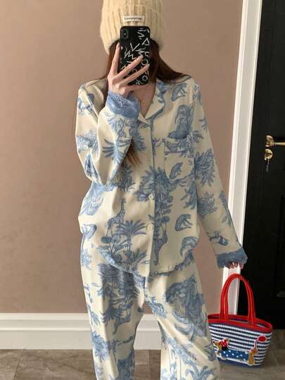 两件套女士蕾丝拼接长袖睡衣套装，开襟印花领家居服，春夏款