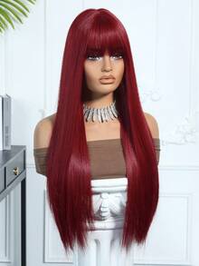 26英寸/65厘米长直酒红色假发，带刘海，女士耐热合成假发，自然逼真，适合角色扮演、彩色合成假发、高温丝假发、直发假发、带刘海假发、节日日常时尚风格合成假发、编织假发，也适合万圣节和圣诞节佩戴。 - 酒紅色 - 查看 4