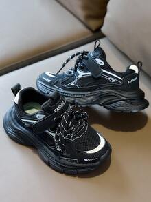 儿童时尚运动鞋，春秋新款简约休闲鞋，软底防滑网面透气跑步鞋，男童/女童运动鞋 - 黑色 - 查看 4