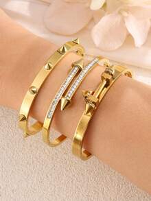 1/3件套金色朋克铆钉箭头锆石镶嵌手镯，不锈钢材质 - 适合女性/女孩日常佩戴、派对、约会、办公礼品 - 金色 - 查看 1