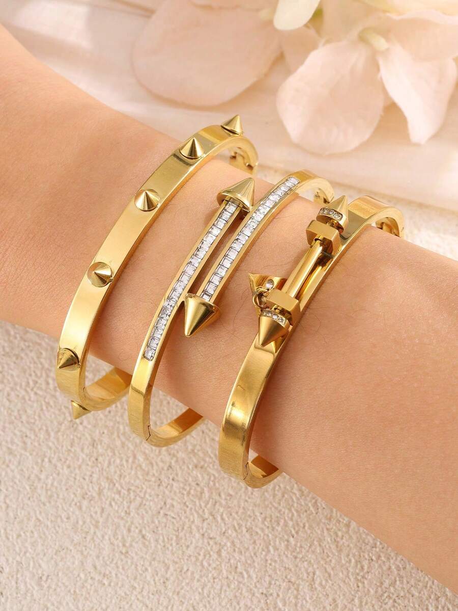 1/3件套金色朋克铆钉箭头锆石镶嵌手镯，不锈钢材质 - 适合女性/女孩日常佩戴、派对、约会、办公礼品 - 金色 - 查看 1