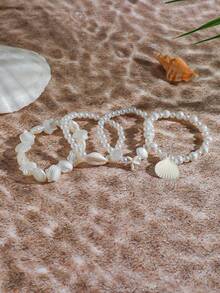 4 件时尚人造珍珠、海星和贝壳装饰夏季手链 - 白色 - 查看 5