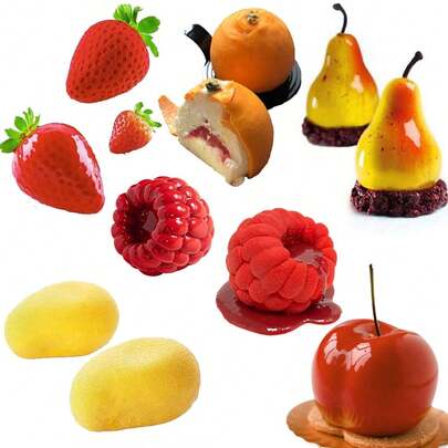 3D Fruit Shaped Silicone Mold, Reusable For Baking Desserts, Jelly, Ice Cream And More. Includes Shapes Like Banana, Strawberry, Pear, Lemon, Mango, Raspberry, Orange, Peach, Coconut, Cocoa, Apple, Cherry. Suitable For Christmas, Valentine's Day, Weddings And Other Holidays