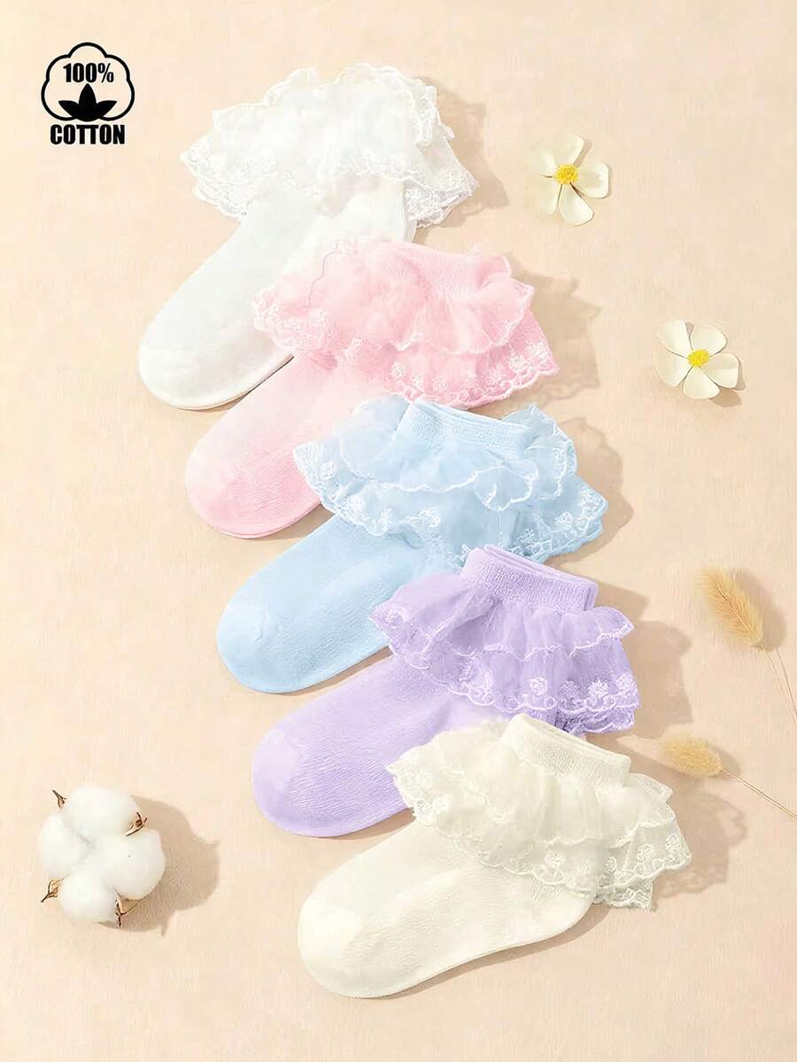 5 Pairs Girls' Solid Color Fashion Gold Lace Princess Dance 100% Cotton Ankle Socks - Multicolor - View 1