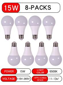 8 Pack E27 LED Bulbs, 7W/9W/12W/15W, 110W Equivalent, 110V-265V, 6500K, 1500 Lumen, Ultra-Bright, Energy Efficient, Eye-Friendly, Shatterproof, Standard Shape, E27 Base, For Living Room, Kitchen, Bedroom, Office