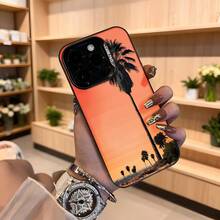 Cubierta de telefono con diseño de palmeras al atardecer naranja para iPhone 14 Pro Max estilo veraniego y tropical ideal para uso diario y viajes,Aplicable a los teléfonos de la serie Apple y Galaxy - Negro - Ver 4