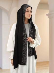 1 pieza Hiyab de mujer de unicolor con textura tejida y decorado con rhinestones, chal largo musulmán suave y cómodo de modal, versátil para uso diario, viajes, fiestas, fotografía - Multicolor - Ver 6