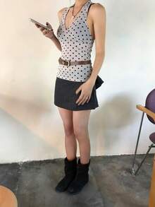 夏季时尚波点印花V领露背休闲上衣 - 淺灰色 - 查看 5