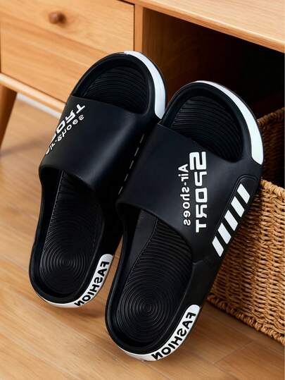 Summer New Letter Fashion Versatile Women Black Slide Sandals, EVA Material Thick Sole, Water-Resistant, Odor-Resistant, Quick-Drying, Indoor/Outdoor Slippers, Couples Casual Flip Flops