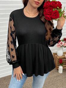 加大码女装春季新款纯色蕾丝拼接爱心袖针织长袖T恤，适合情人节和节日穿着 - 黑色 - 查看 4