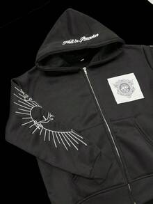 Y2K Zip-Up Hoodie Hell In Paradise Embroidery Patch Graphic Streetwear - 黑色(2171 刺繡) - 查看 3