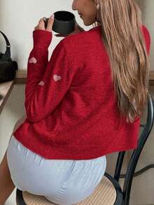 FOR BEAUTY 春秋新款心形纽扣针织开衫，宽松红色情人节毛衣外套 - 紅色拼白色 - 查看 4