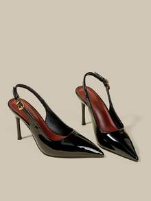 女士黑色漆皮尖头小猫跟鞋，优雅正式礼服鞋，时尚搭扣派对高跟鞋，性感搭扣踝带高跟鞋 - 黑色 - 查看 6