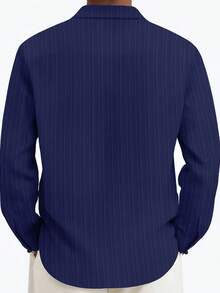 Men's Casual Basic Ribbed Ribbed Textured Fabric Button-Up Long Sleeve Collared Shirt - Navy Blue - View 2