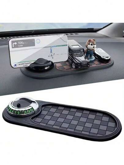 360° Rotating Military-Grade Car Anti-Slip Mat - Universal Phone Holder, Hidden Parking Permit Holder, Heat-Resistant Dashboard Storage Tray, Holds Keys/Phone/Navigation, Silicone Non-Slip Pad, Strong Grip, No Residue, Durable Car Interior Accessory (Black)