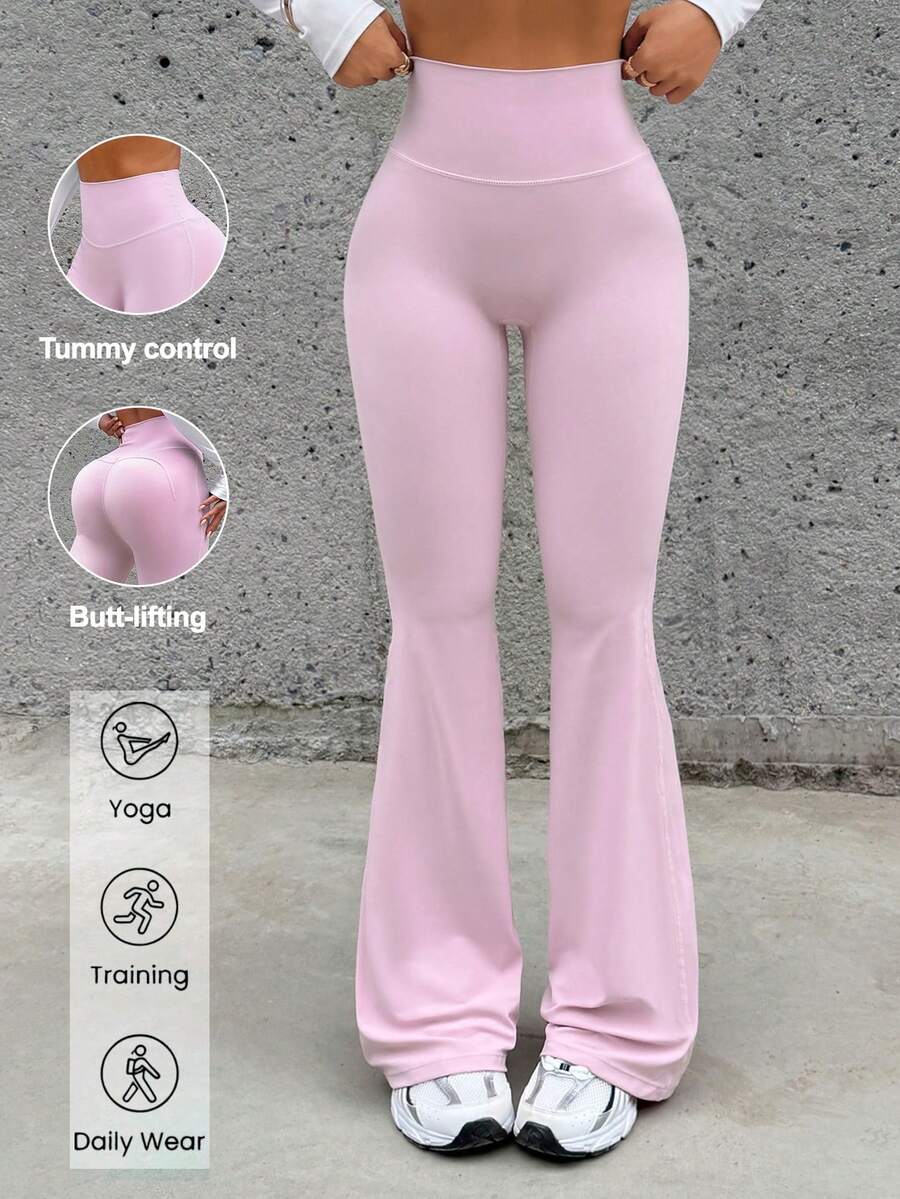 Aoqta Sports 女士夏季休闲纯色长裤，修身高腰喇叭裤，简约百搭，适合瑜伽、跑步、健身、日常穿着 - 粉色 - 查看 1