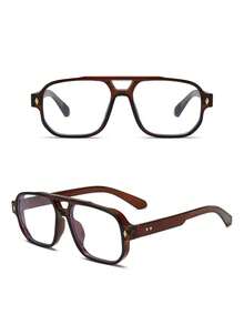 1pc Men's Double Bridge Retro Square Glasses, Stylish And Minimalist Design - Tea Frame Plain Mirror - View 5