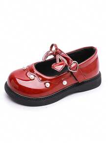 女童玛丽珍鞋，酒红色/黑色漆皮，校服鞋，珍珠装饰，魔术贴搭扣，适合派对、婚礼和日常穿着 - 紅色 - 查看 6
