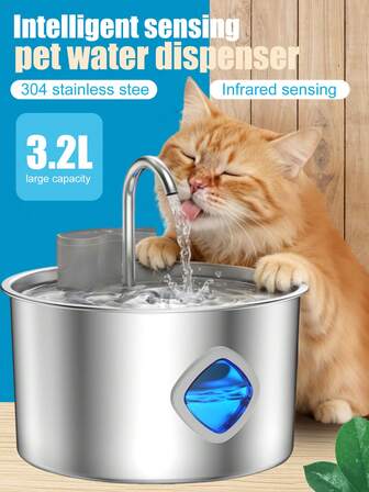 3,2 l/108 oz trådlös vattenfontän i rostfritt stål för husdjur, trådlös automatisk vattenautomat för katter, batteridriven vattenmatare med rörelsesensor, 3 dricklägen (sensorläge, timerläge, kontinuerligt läge), supertyst uppladdningsbar vattenfontän för katter och hundar, inbyggt 4000 mAh batteri