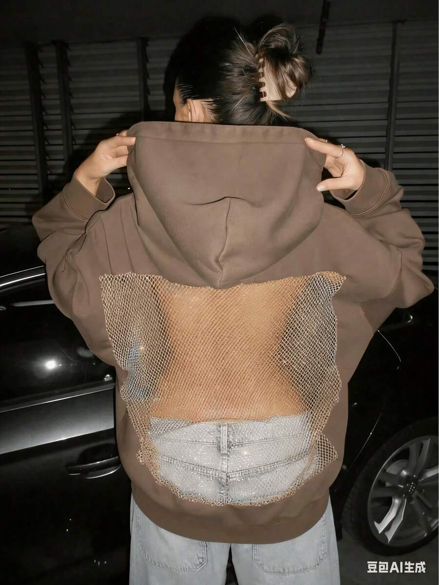 2025 Autumn-Winter New Women's Fashion Solid Color Backless Openwork Mesh Hooded Sweatshirt, Casual Fashion Long-Sleeved Sweatshirt, Christmas And Halloween Gift - 棕色 - 查看 1