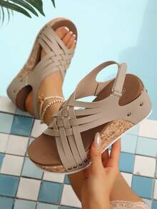 1 Pair Solid Color Vacation Beach Casual Woven Rivet Hollow Lightweight Casual Hook And Loop Outdoor Office Vacation Summer Plus Size Wedge Thick Bottom Sandals - Beige - View 2
