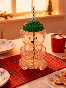 1pc Cartoon Bear Glass Straw Cup With Lid, Suitable For Milk Tea, Transparent Juice Drinks - Multicolor - View 2