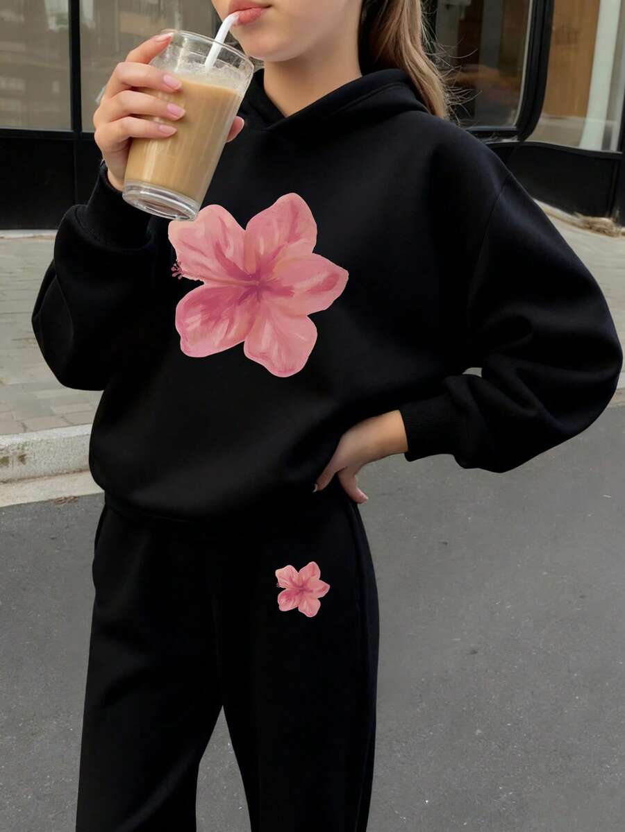 2件套女童碎花印花保暖连帽衫和裤子套装,秋冬季儿童保暖长袖卫衣和裤子,柔软舒适的少女连帽套装,展现她们的个性 - 黑色 - 查看 1