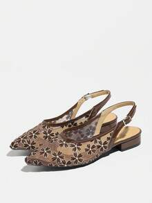 女士时尚网纱刺绣凉鞋，新款闭趾粗跟低跟拖鞋，透气舒适 - 棕色 - 查看 19