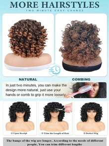 DZfirst 16 Inch Curly Wigs Short Curly Wig With Bangs Heat Resistant Synthetic Fiber Hair Cosplay Wigs - Brown Ombre - View 6