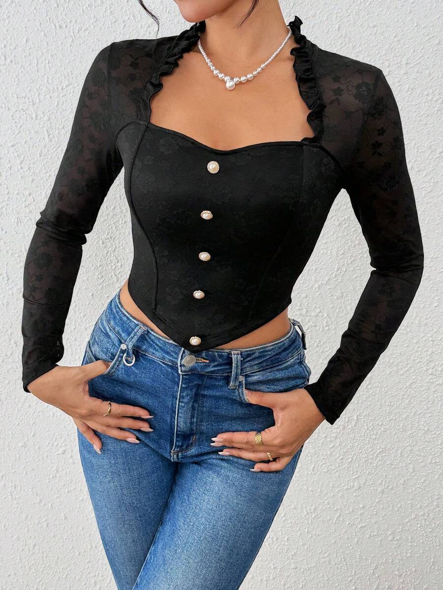 1 pieza Blusa de mujer con cuello cuadrado, volantes, botones de perla y encaje de manga larga tipo corsé, prenda exterior sexy para fiesta, Navidad, Día de San Valentín - Negro - Ver 1