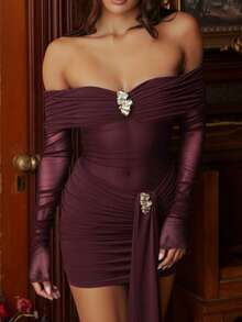 Meidaxexr Đầm mini xếp ly ren xuyên thấu gợi cảm dành cho nữ, phối màu trơn, trang trí kim loại, thanh lịch, thích hợp cho đi biển, nghỉ dưỡng, tiệc tùng, sinh nhật, hẹn hò, tiệc độc thân, du lịch, mùa xuân/hè. - Màu Đỏ Sâu - Xem 5