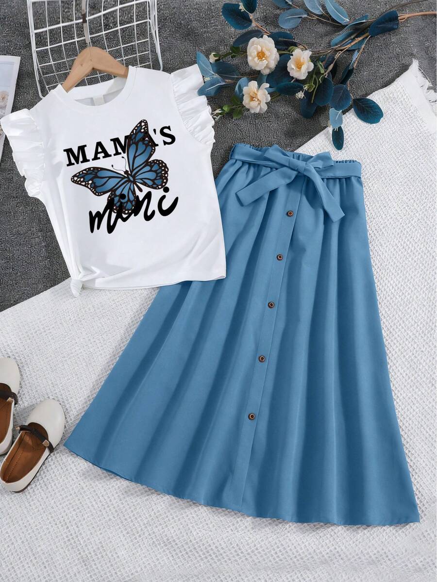 Tween Girl Butterfly & Letter Print Flutter Sleeve T-Shirt And Skirt Set - Blue - View 1
