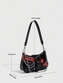 1pc Women PU Leather Hand Bag, Y2K Baddie Bag, Versatile Star Design Crescent Shoulder Bag, Black & Red Contrast Chain Strap Bag, Millenial Crossbody Underarm Chain Starry Bag, Fashionable Street Style Bag For Girls Party And Gifting Valentines, Y2k Bag, Gothic Punk Bag For Women, 2000s Fashion Style Bag For Women, Halloween Purse Perfect For Fancy Party Halloween Fashion & Gothic Fashion, Best Halloween Gifts For Women - 黑色 - 查看 7