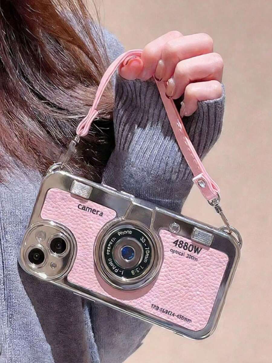 1pc Camera Shaped Phone Case With Lanyard, Compatible With Apple Phones - Pink - View 1