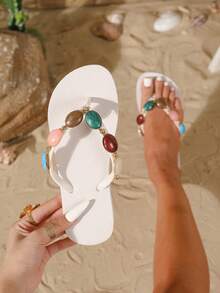 Women's Flip Flops, Bohemian Natural Colorful Oval Floral Pattern Stone Decor, Waterproof Non-Slip Soft Bottom Beach Thong Sandals - White - View 1
