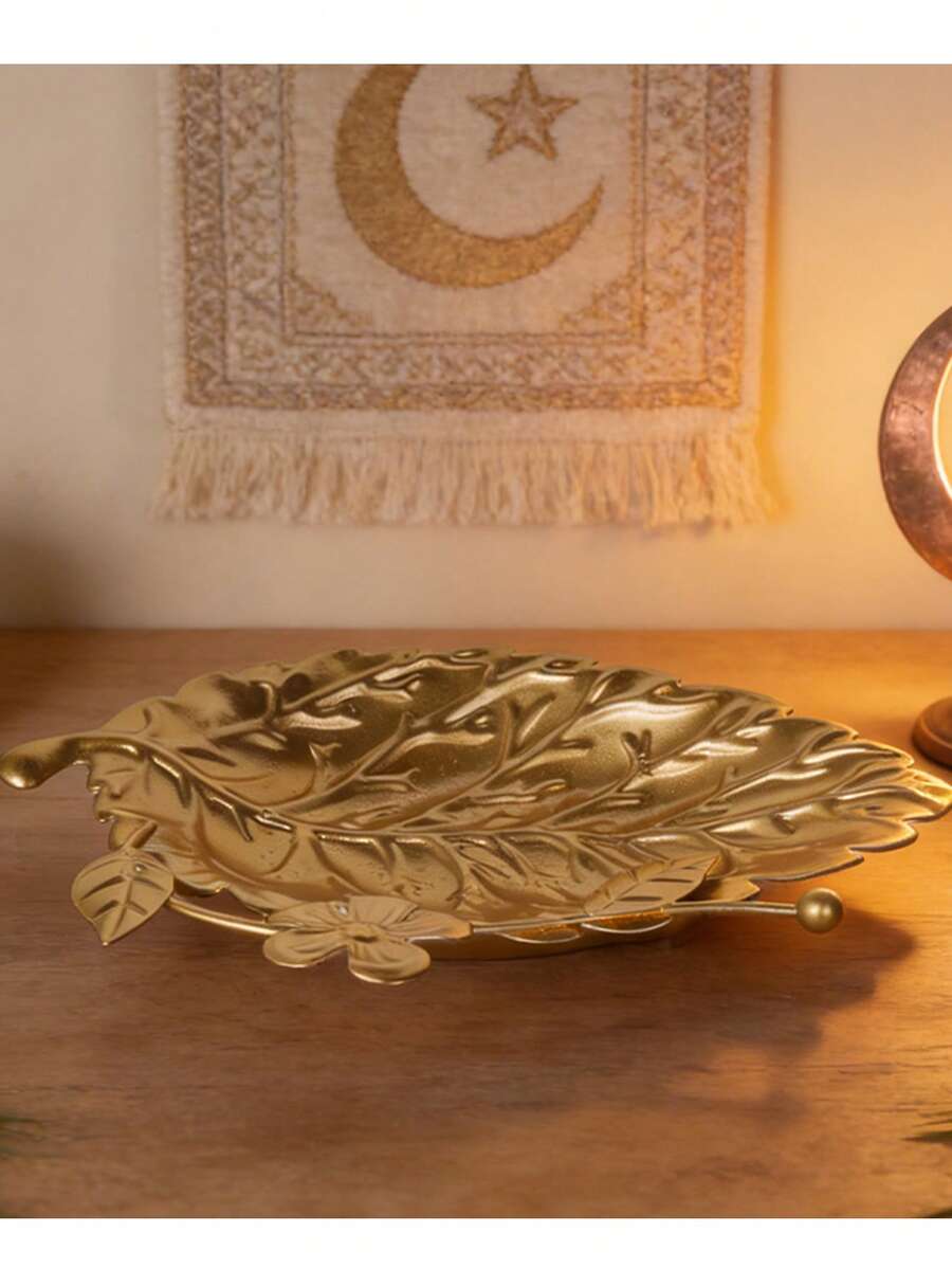 素食节金色水果盘创意素食月亮金属水果展示盘可重复使用金属装饰盘 - 金色 - 查看 1