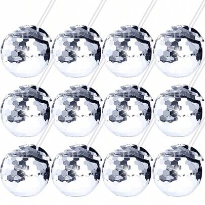 2pcs Silver Mirror Disco Ball Shaped Water Bottles, This Durable Water Bottle Features A Shimmering Mirror Disco Ball Design, Comes With A Reusable Straw, Blending Retro Party Charm And Practical Daily Use.