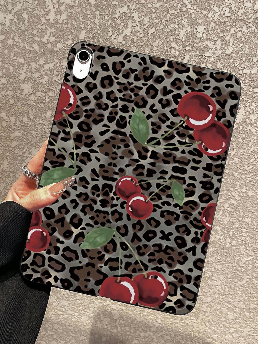 Leopard Print Cherry Pattern Matte IPad Case - Shockproof Protective Cover, Aesthetic Tablet Accessories, Compatible With IPad 11th Generation, IPad Cases, Kindle Cases - Black - View 1