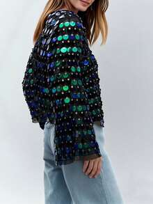 Womens Sequin Flared  Long Sleeve Blouse Tops Long Sleeve Sequined Loose Fit Glitter Sparkly Bell Sleeve Crew Neck Shirts Summer Holiday Beachwear Party Clubwear - 墨綠色 - 查看 4