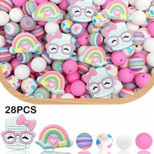 28 piezas Cuentas de silicona con tema de aprendizaje, incluyendo: 3D Manzana roja de cuaderno, Pajarita de silicona rosa, Cuentas redondas de flores pequeñas de colores para hacer joyas, aretes, collares, bolsos, cadenas de teléfono, brochas de maquillaje, manualidades DIY, adecuado para regalos de vacaciones, cumpleaños, vuelta al cole, Halloween, Acción de Gracias, Navidad - Serie de papelería - Ver 16