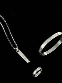 3pcs/Set Stainless Steel Roman Numeral Jewelry Set For Men, Bracelet Necklace Ring, Personalized Accessory, Valentine's Day Gift - Multicolor - View 4