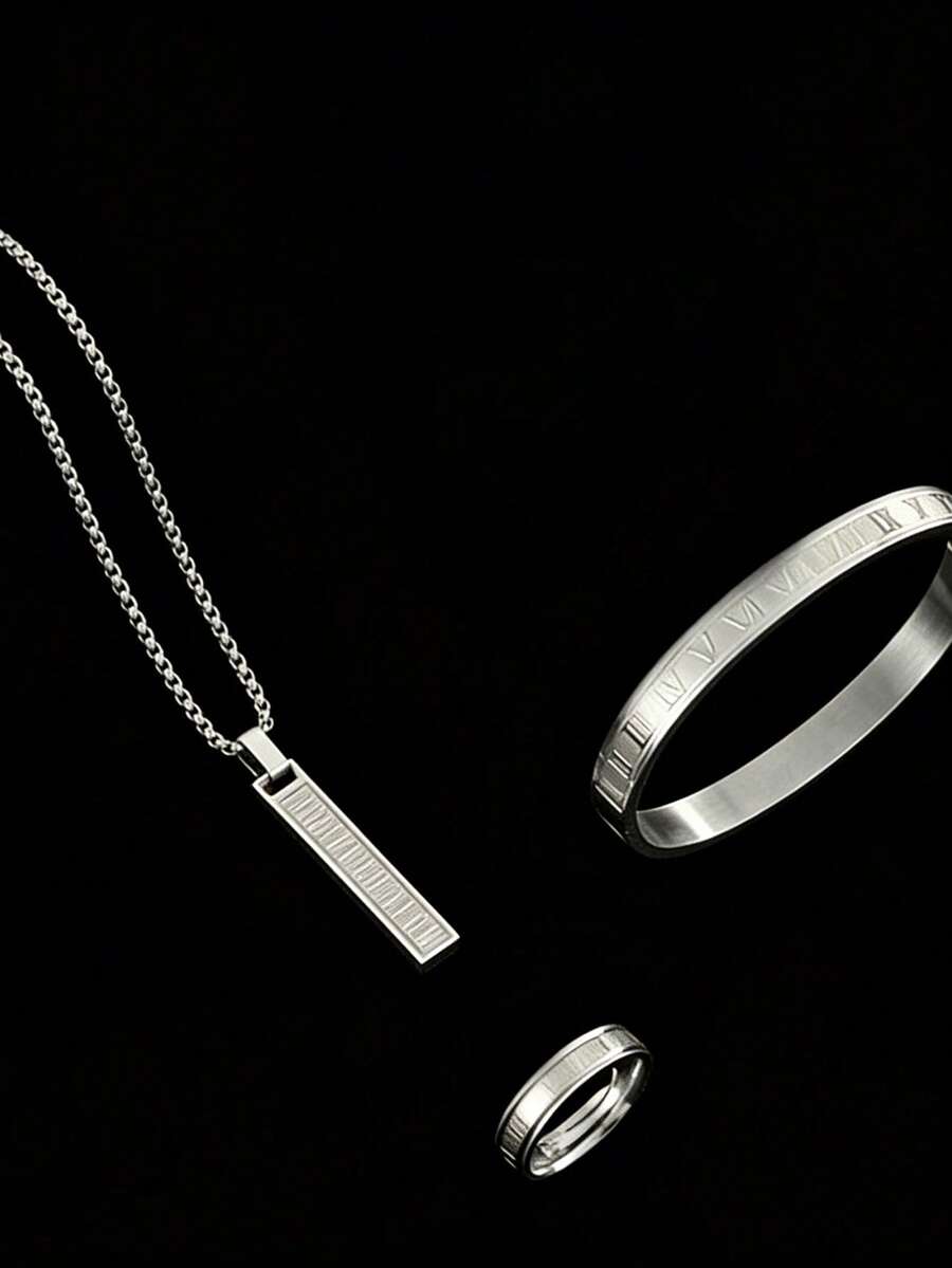 男士三件套不锈钢罗马数字首饰套装，包括手链、项链和戒指，个性化配饰，情人节礼物 - 彩色 - 查看 1